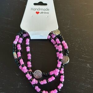 Handmade Pink and Black Beaded Bracelet
